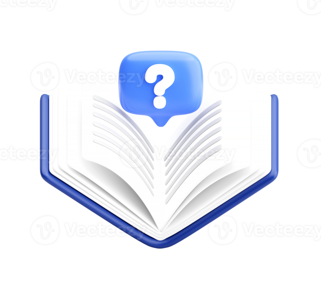 3D Open Book with Question Mark Icon for Knowledge and Learning png