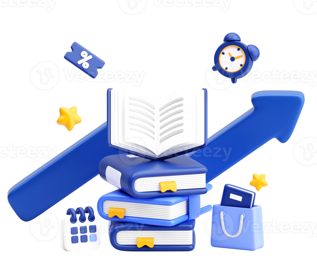 3D Education and Learning Concept with Books, Calendar, Clock and Growth Arrow png
