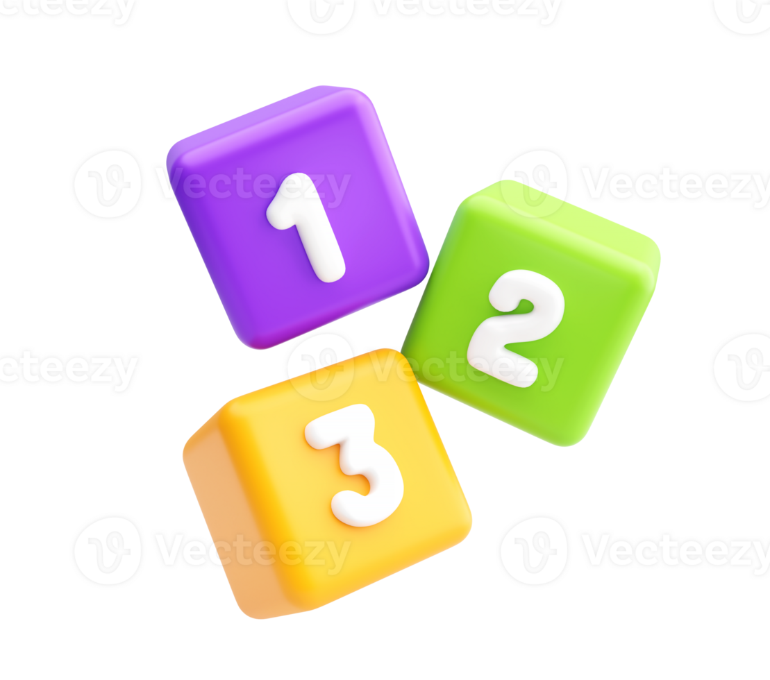 3D Rotated Educational Number Blocks for Kids Learning png