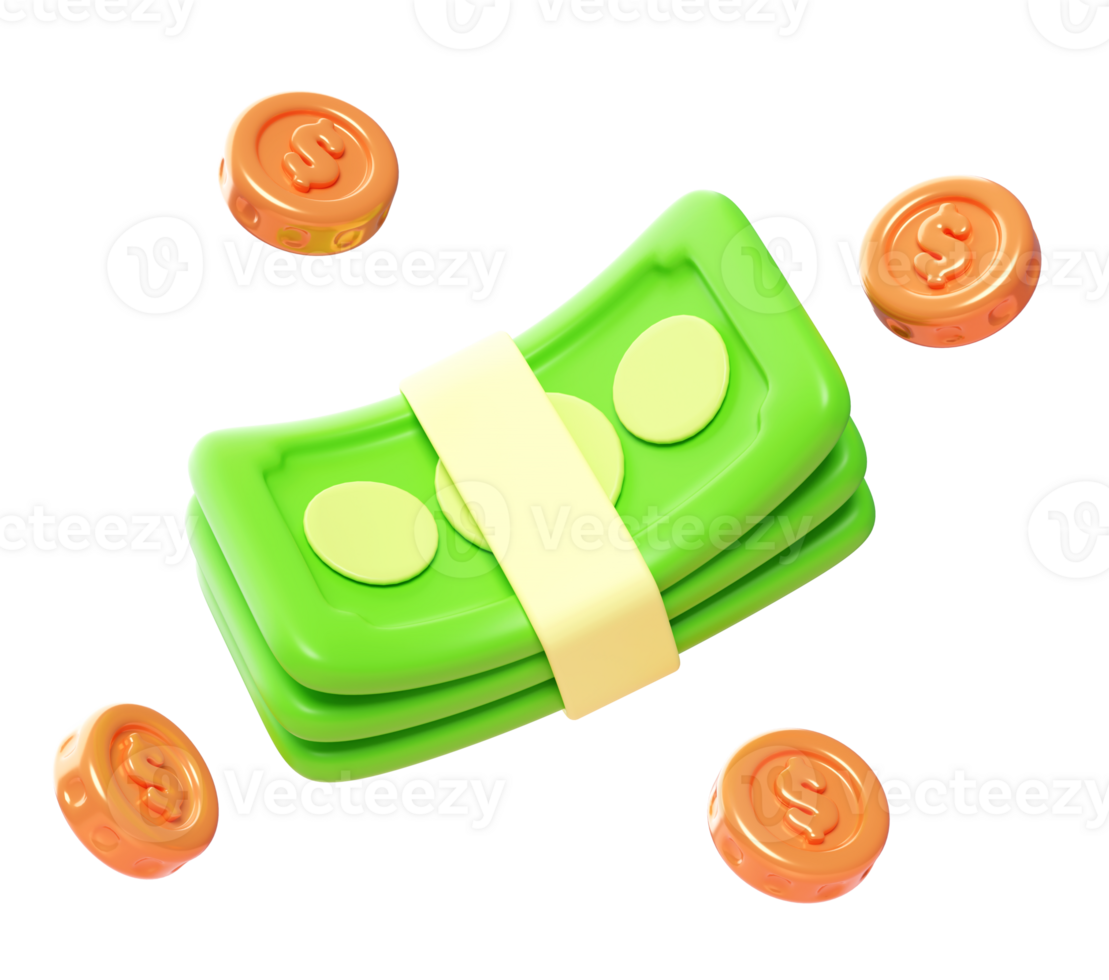 3D Money Icon with Banknotes and Coins png