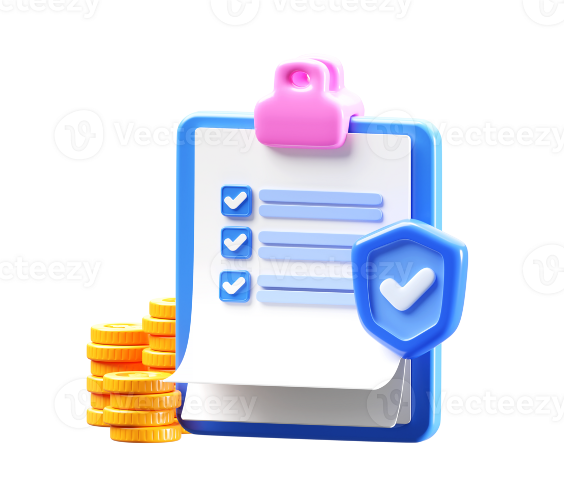 3D Financial Document with Checklist and Coins png