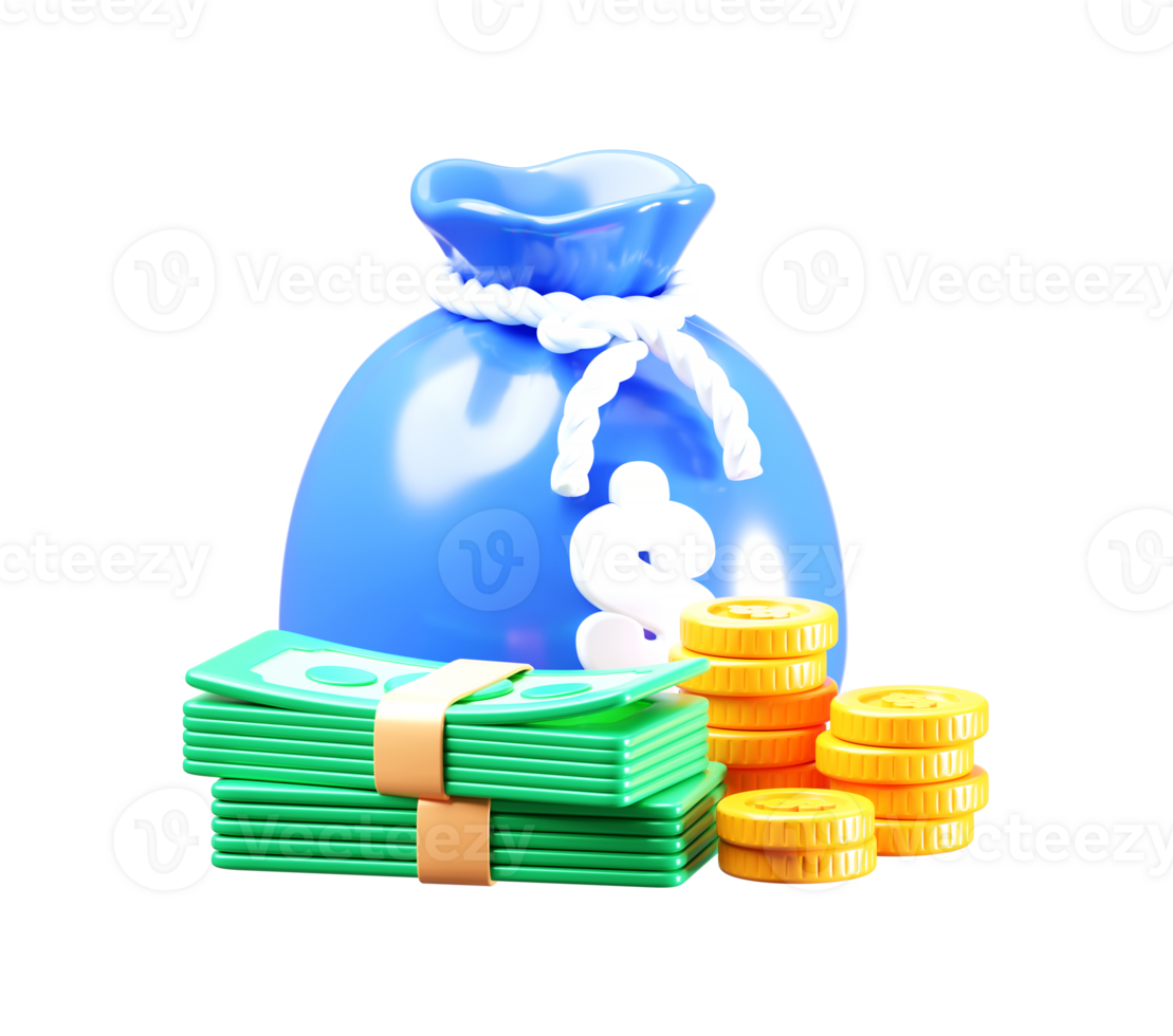 3D Money Bag with Cash and Coins png