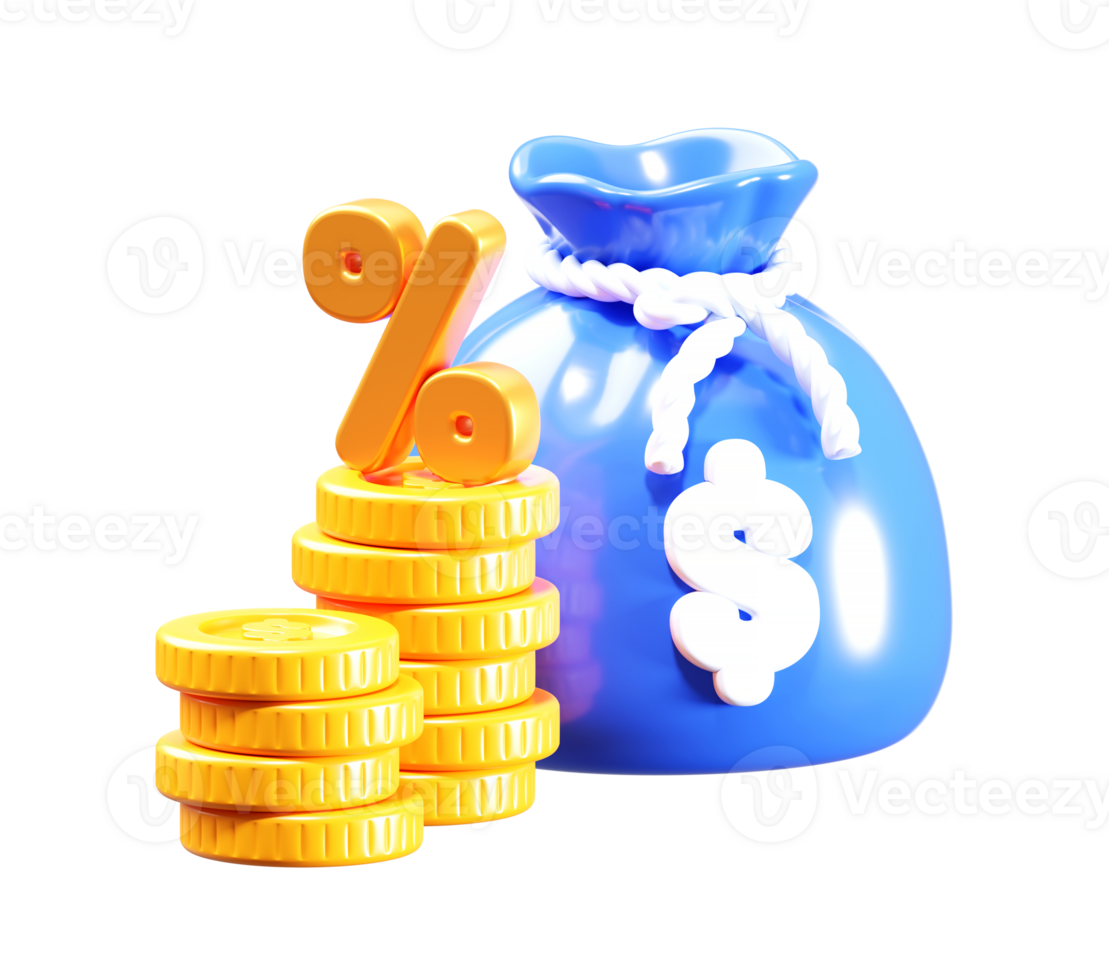 3D Money Bag with Percentage Symbol and Coins png