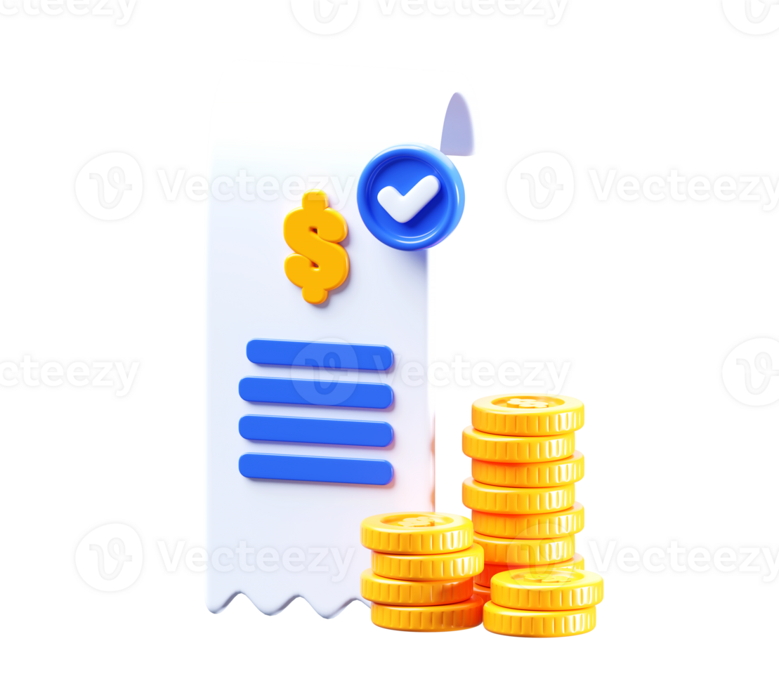 3D Receipt with Coins and Checkmark png