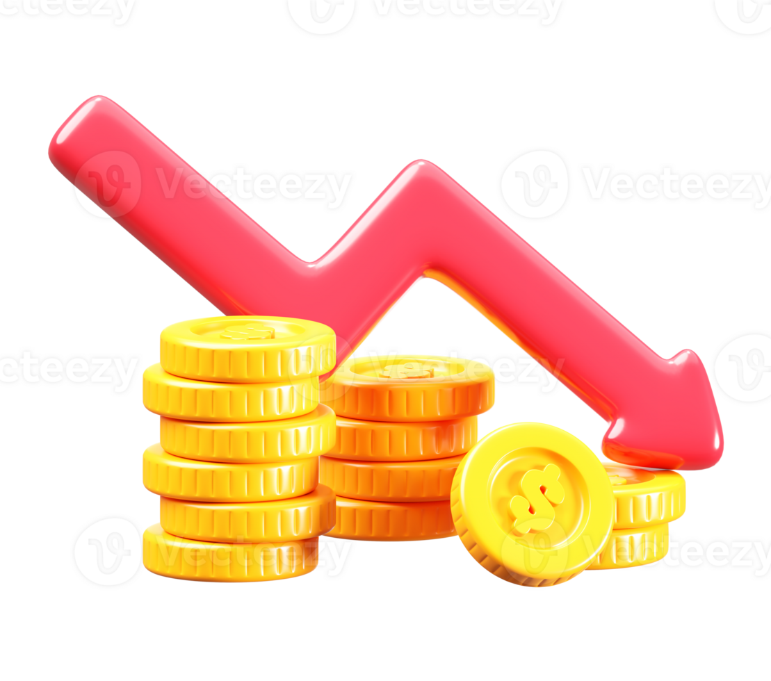 3D Declining Financial Graph with Coins png