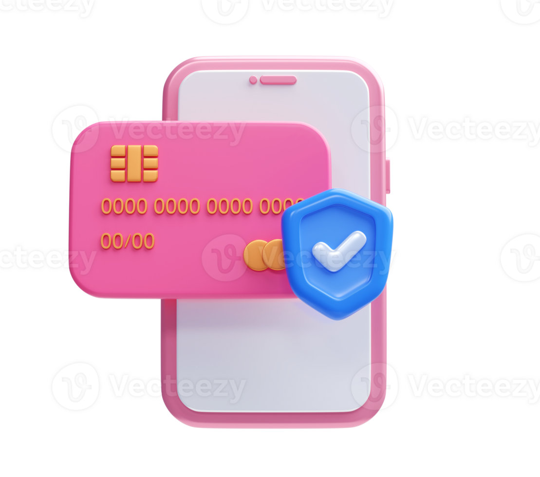 Credit card with shield security online payment 3D illustration png