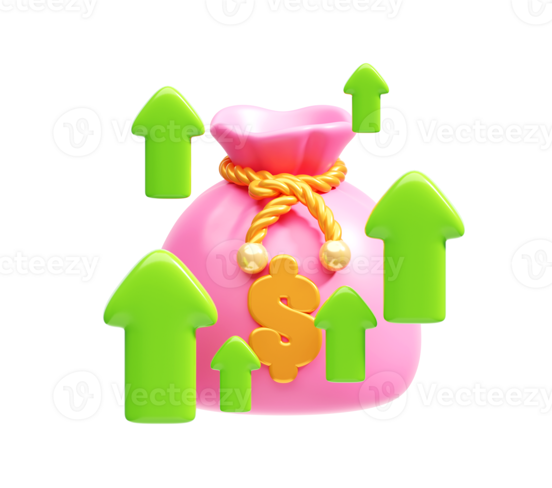 Growing investment money bag with green arrows 3D icon png