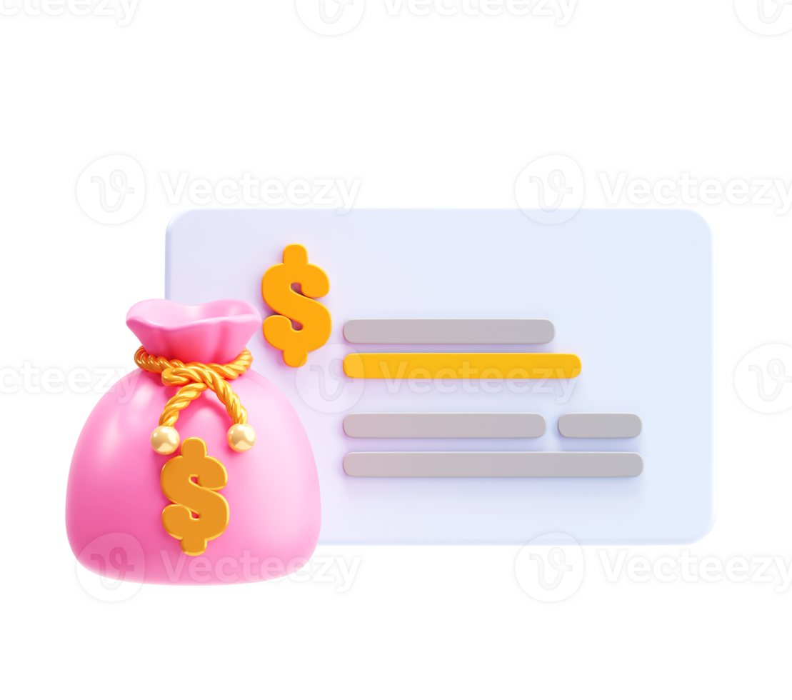 Money bag and check document financial 3D png