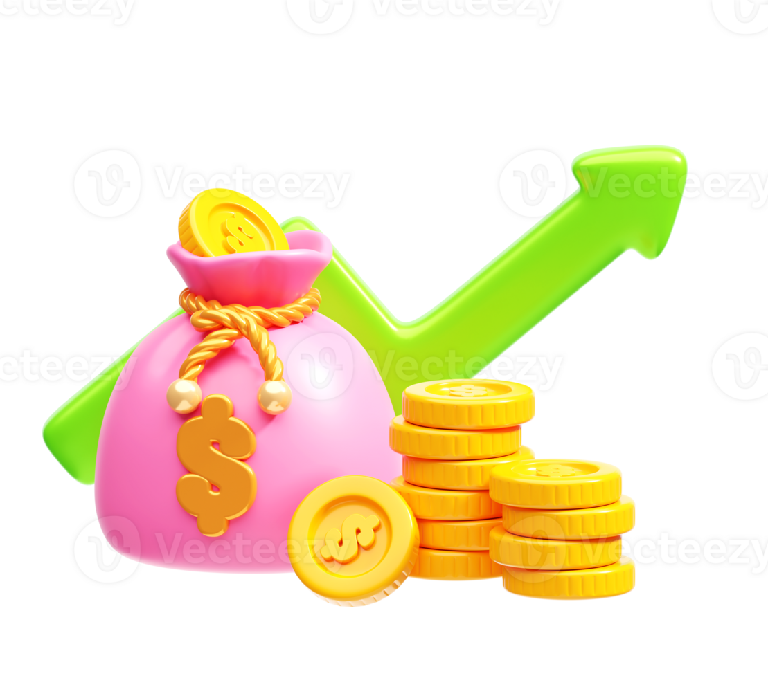 Money bag with coins and growing green arrow 3D illustration png