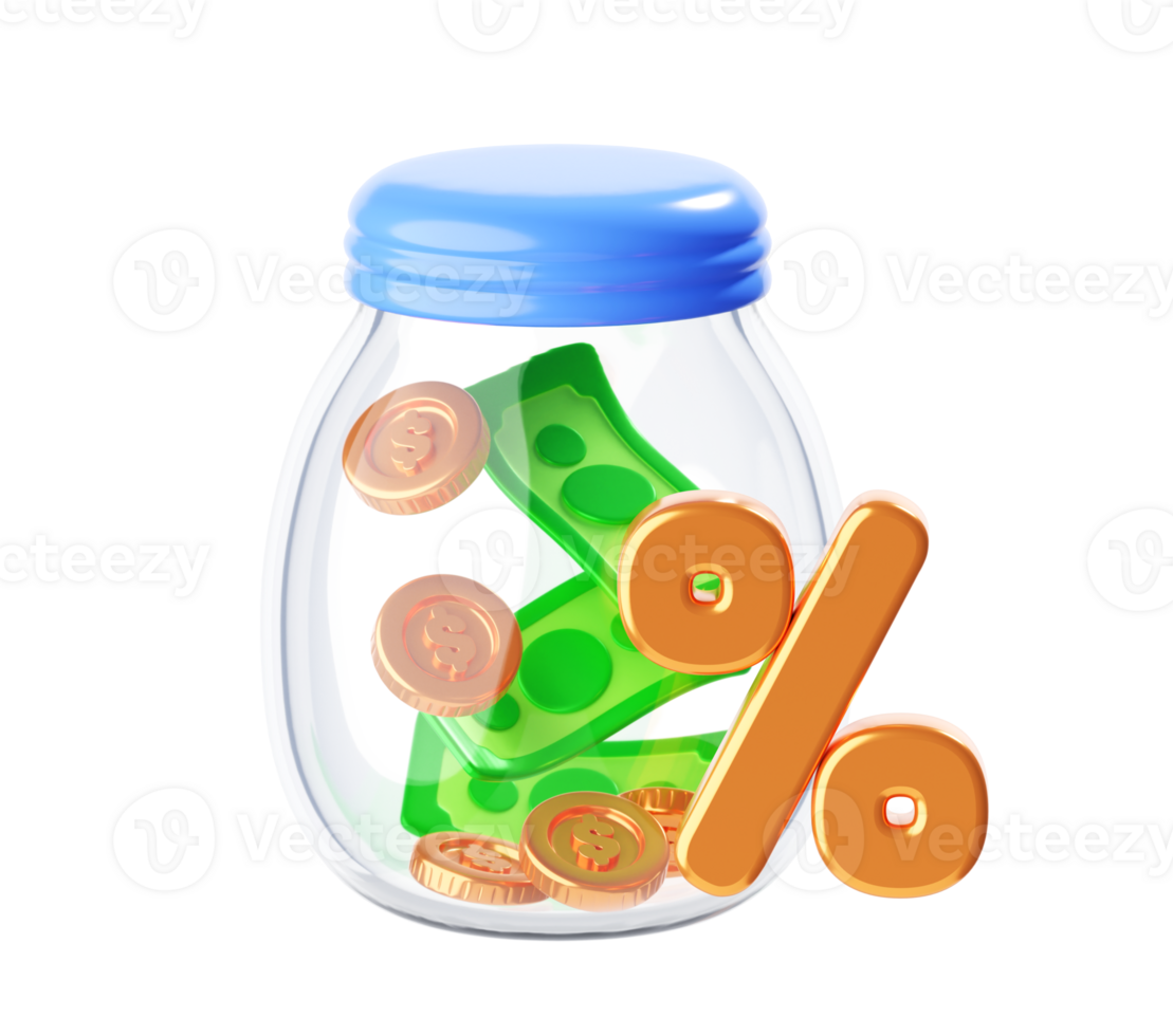 Savings jar with coins and percentage sign 3D icon png