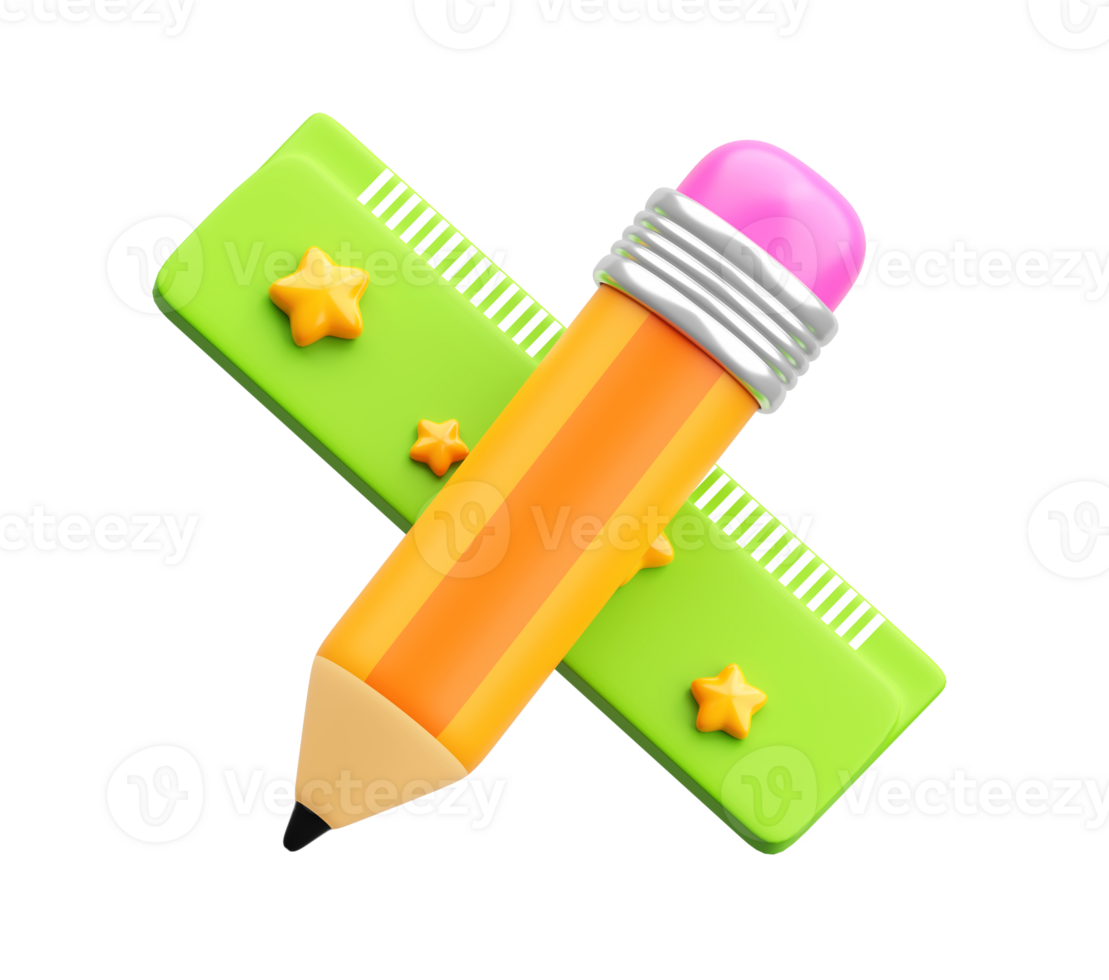 3D Pencil and Ruler with Stars Icon for Learning and Education png
