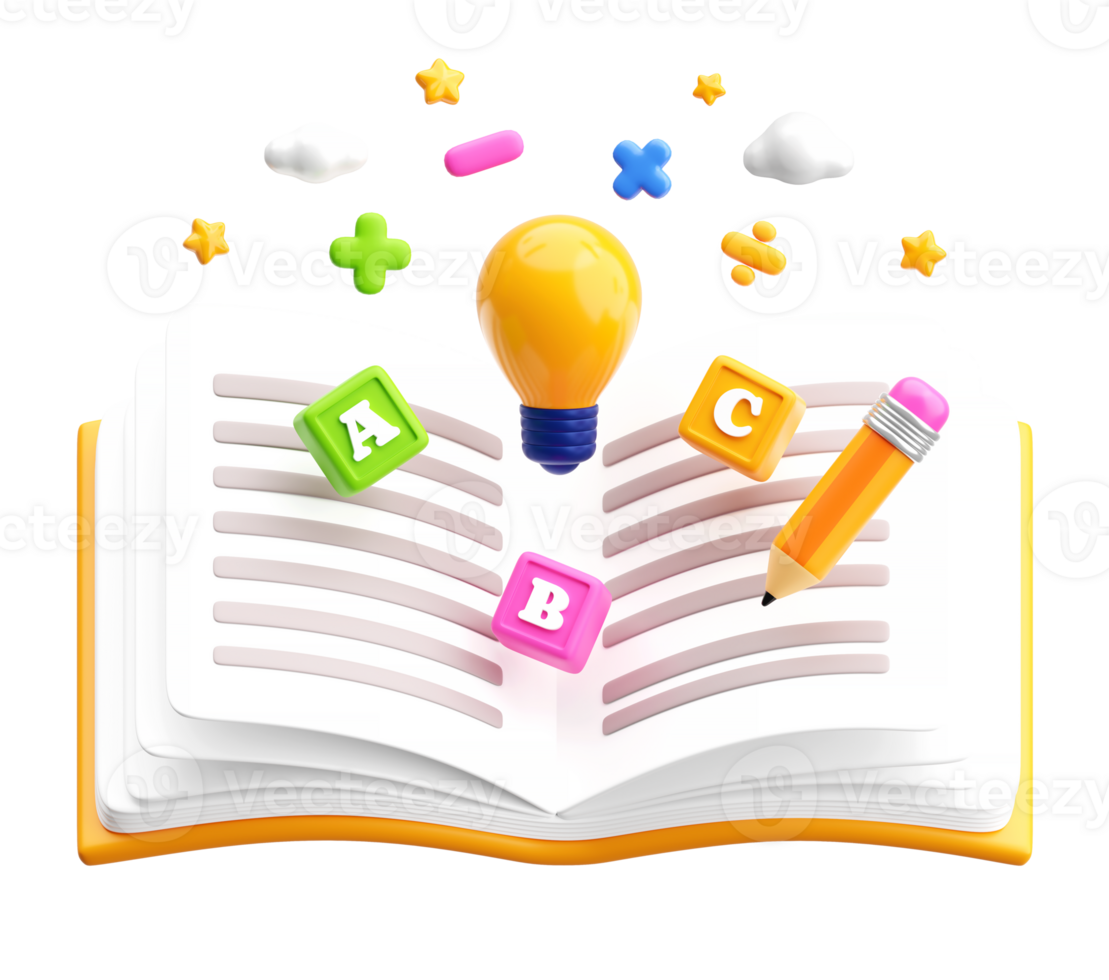 3D Open Book with Light Bulb, ABC Blocks, and Pencil for Early Learning and Education png