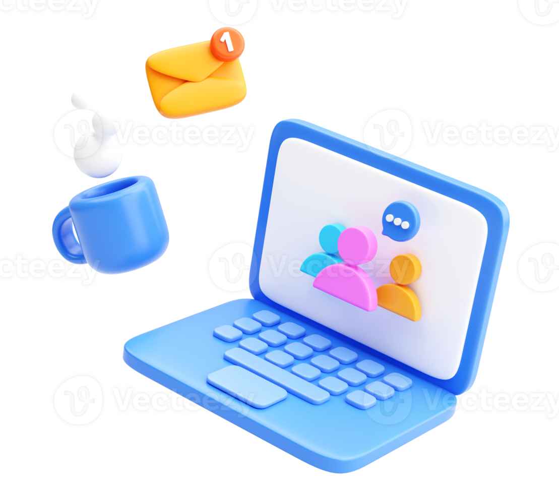 3D team communication icon with email alert and coffee on laptop png