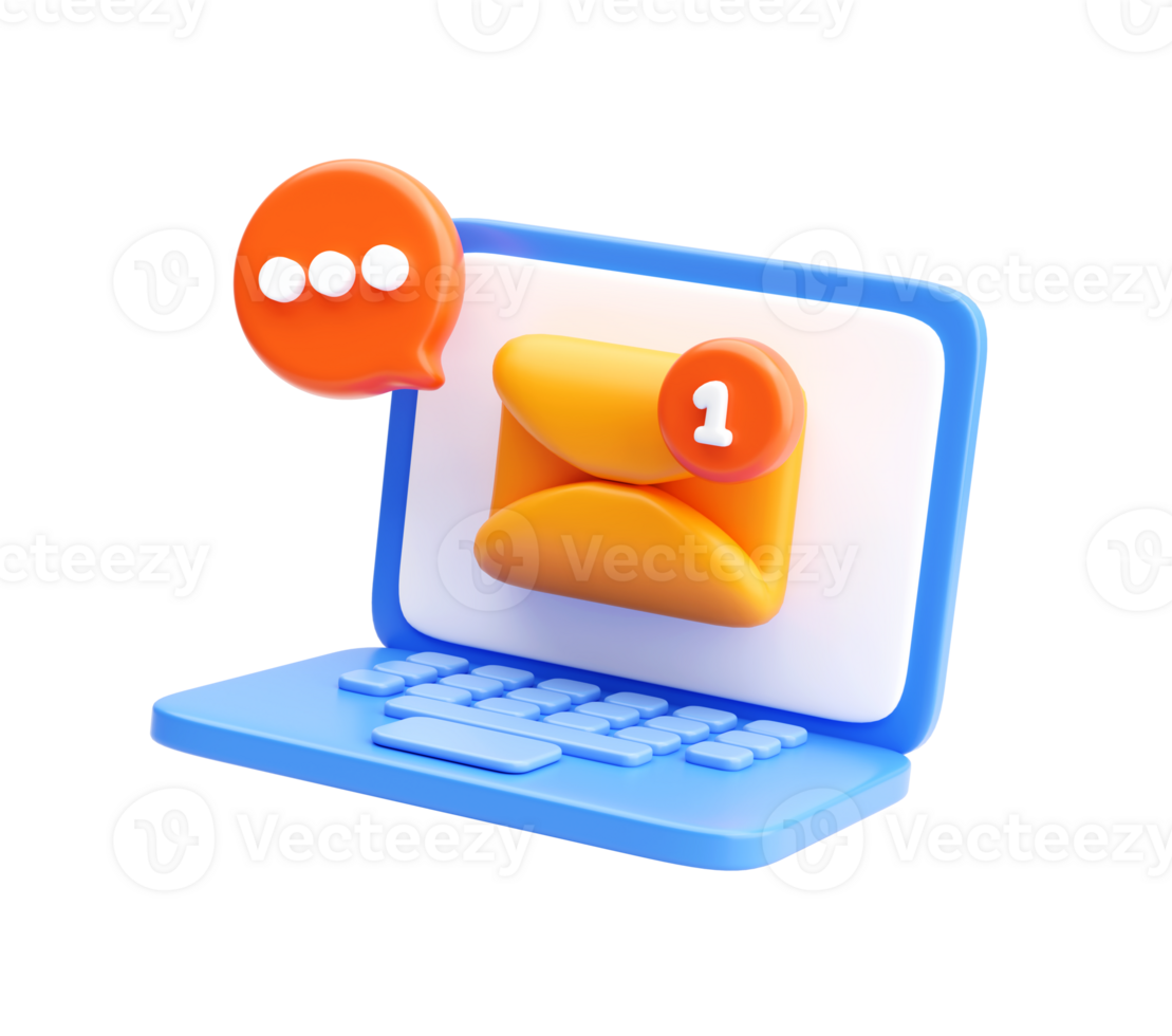 3D email notification icon on laptop with chat bubble png