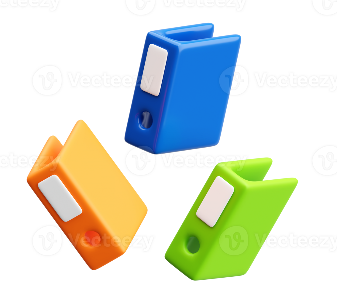 3D Floating File Binder Icons in Orange, Blue, and Green Representing Document Organization and Office Filing System png