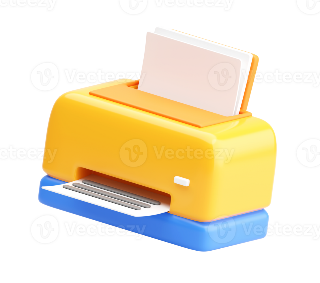 3D illustration of a colorful printer with paper sheets, representing document printing, office equipment, or digital output process. png