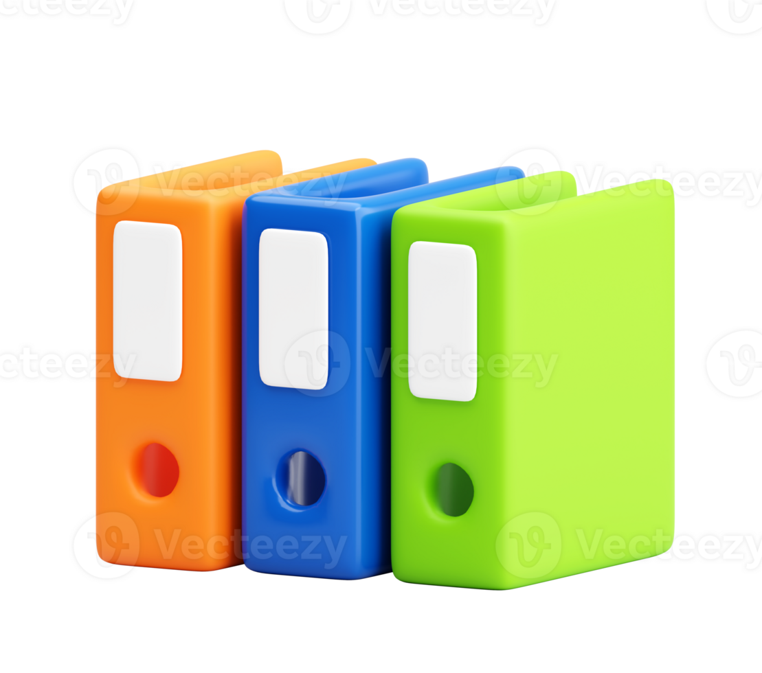 3D Colorful Ring Binders or File Folders Standing in a Row Representing Office Document Organization and Storage png