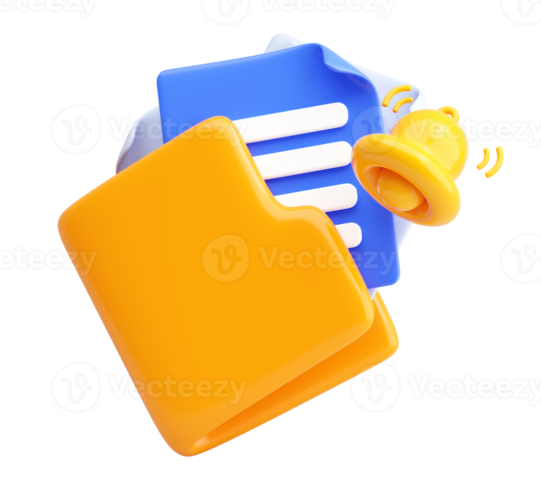 3D Document Folder Notification Icon with Ringing Bell Representing File Update Alert or Reminder png