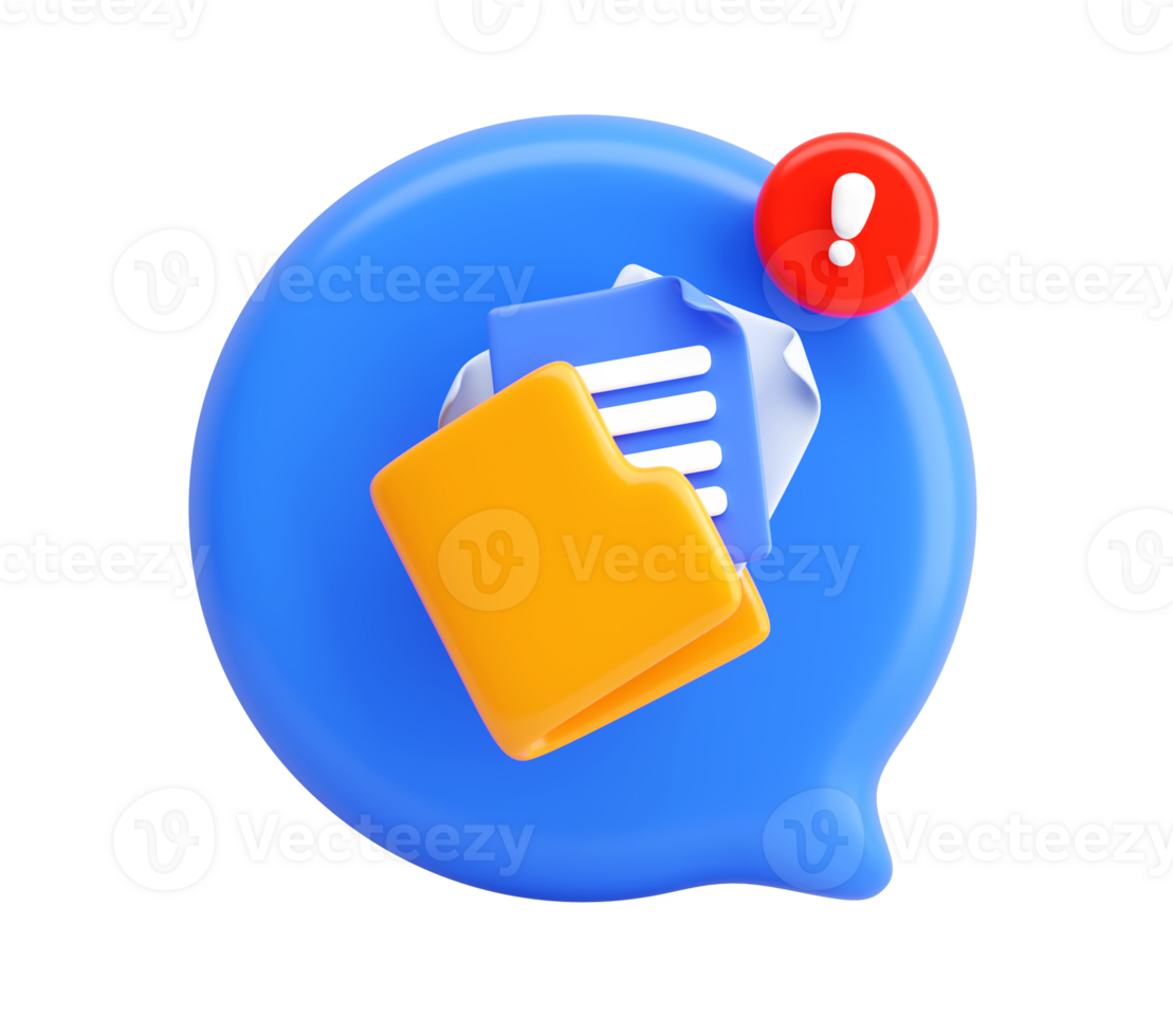 3D File Alert Icon with Yellow Folder, Documents, and Exclamation Mark in Blue Chat Bubble Representing Data Warning or System Notification png