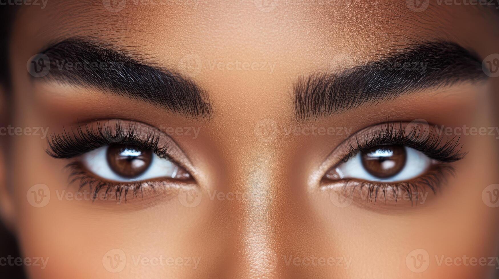 Elegant Brown Eyes Closeup with Perfect Eyebrows and Long Eyelashes for Beauty Look photo