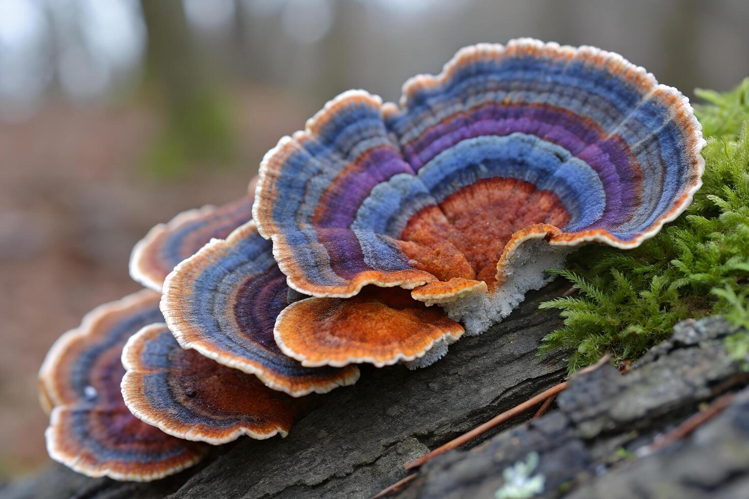 Vibrant turkey tail fungus growing on a mossy log, colorful polypore mushrooms in a forest setting photo