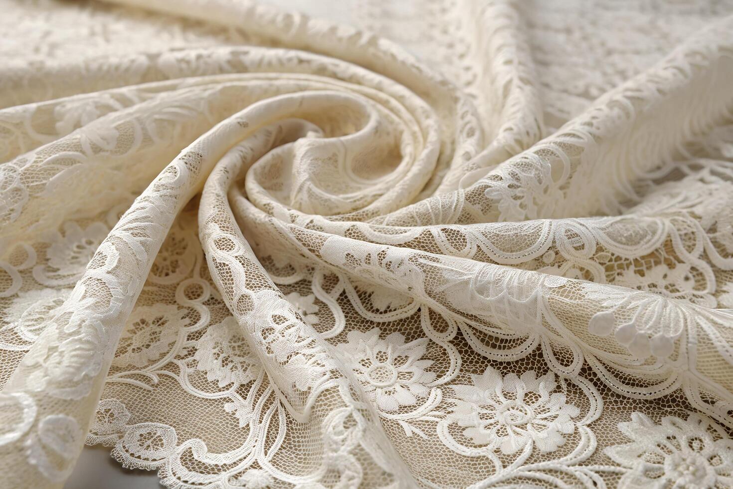 Elegant ivory lace fabric featuring detailed floral embroidery and delicate scalloped edges photo