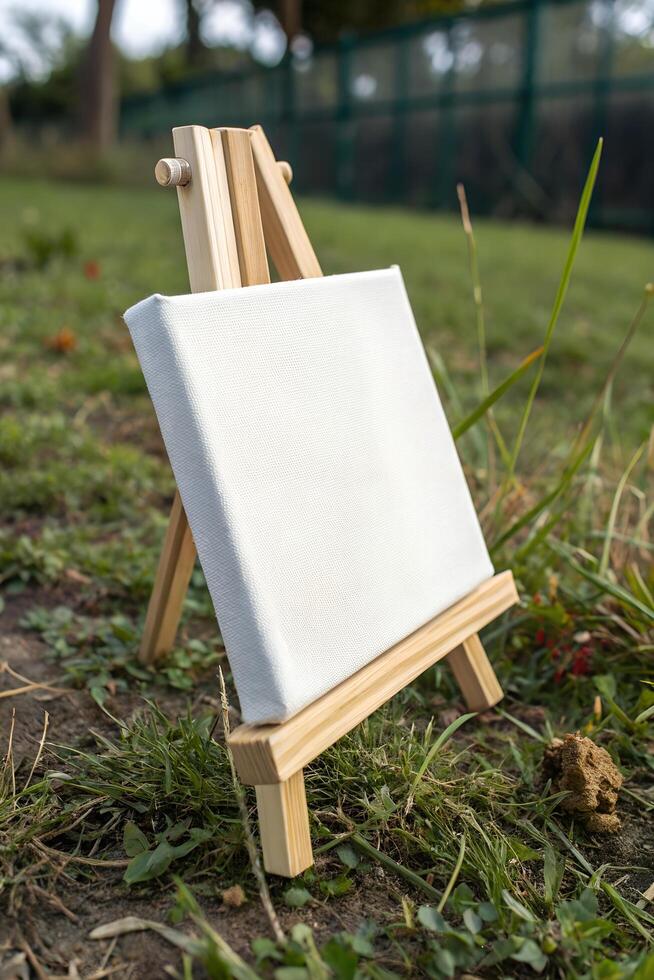 Wooden artist easel with empty white canvas standing on a grass photo