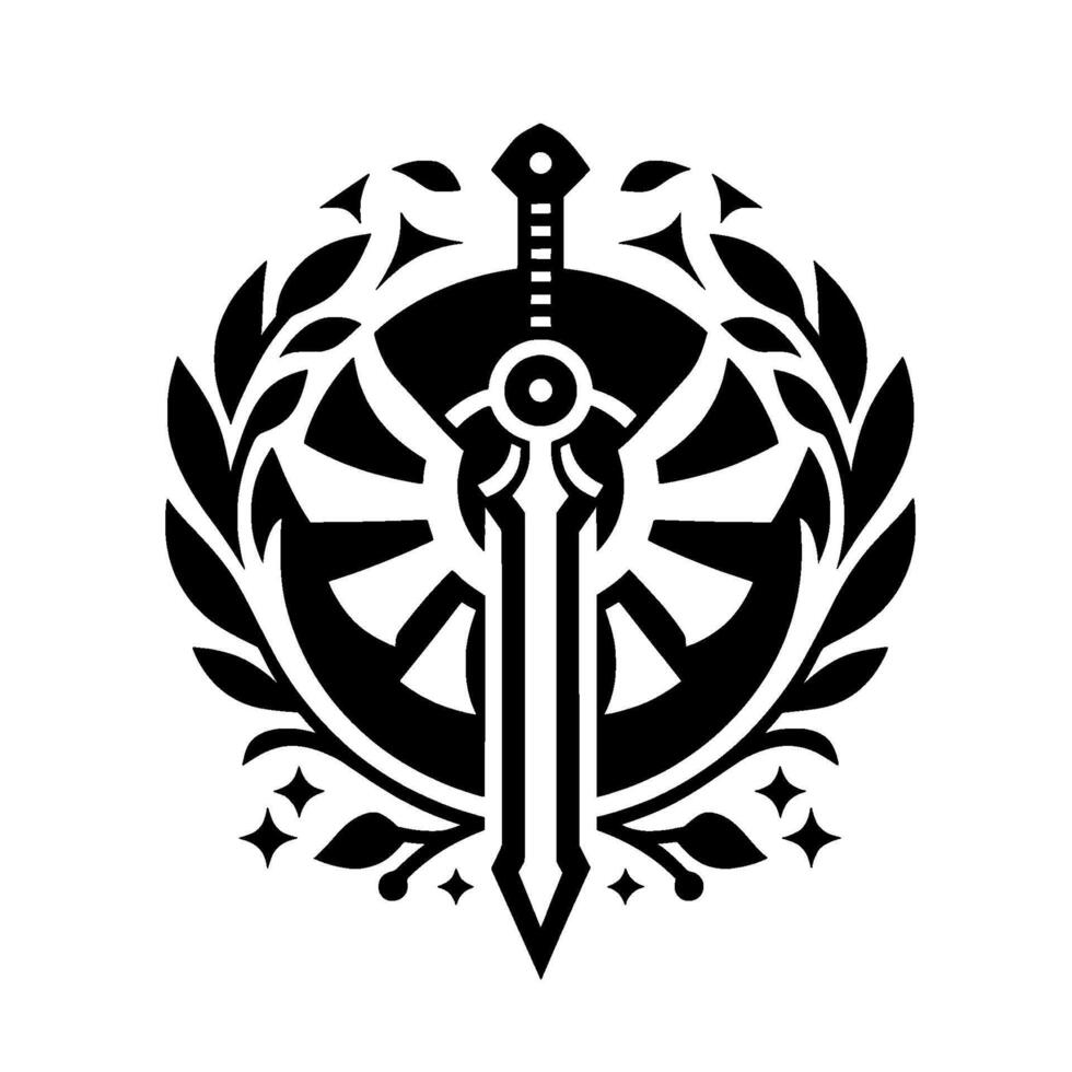 Black white emblem with sword and laurel wreath illustration vector