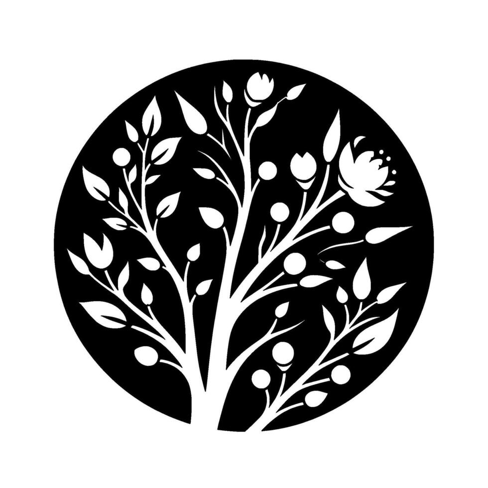 Minimalist floral tree silhouette in a circle black white vector
