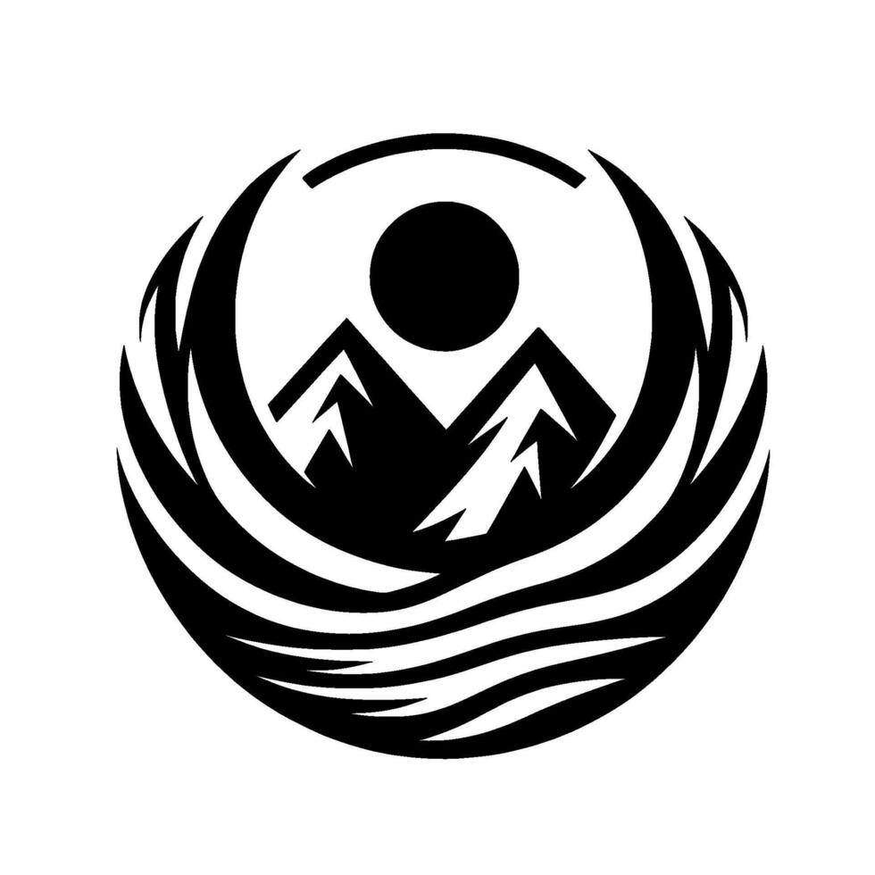 Abstract mountain landscape in circular frame, black white vector