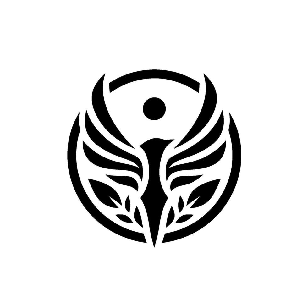 Bold phoenix emblem monochromatic with leaves and circle vector
