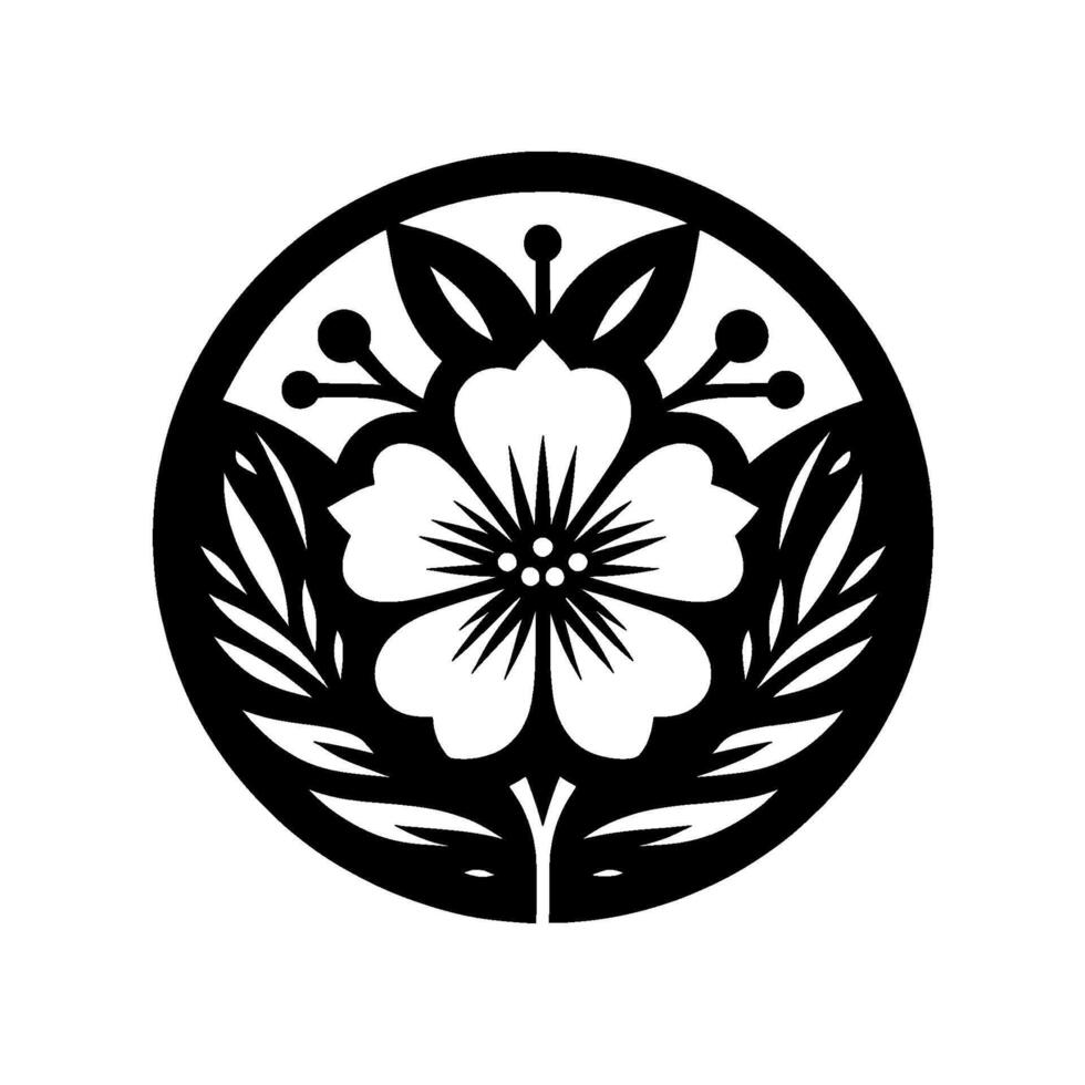 Japanese floral crest black and white circular vector