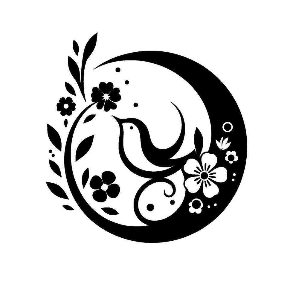 Minimalist black and white bird floral illustration vector
