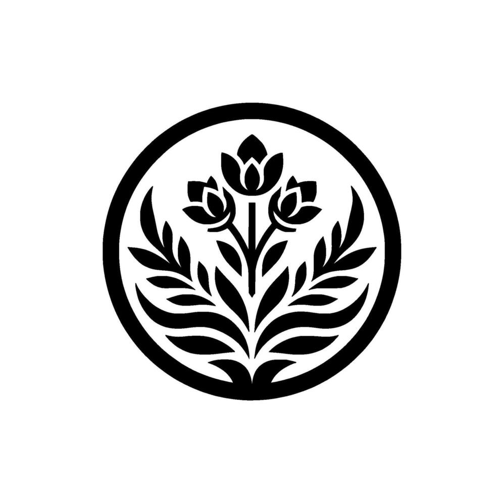 Elegant floral emblem in circle, minimalist black white vector