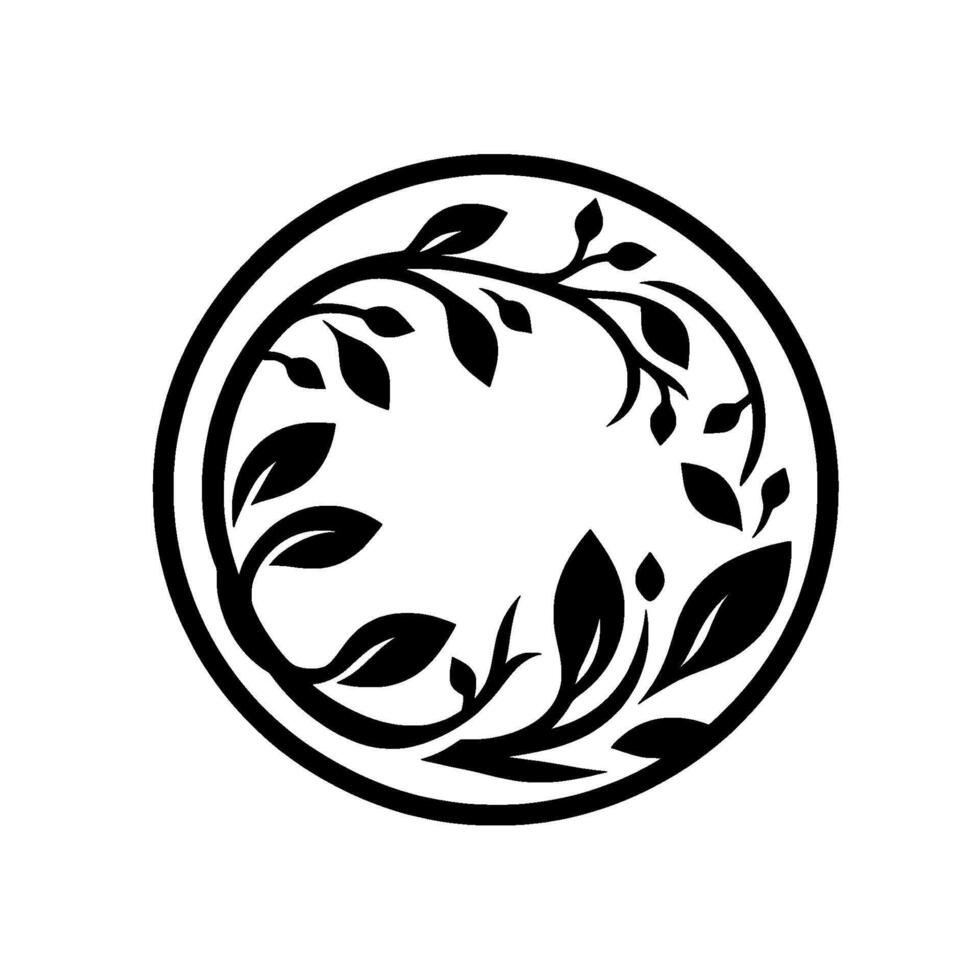 Circular leaf wreath illustration in black and white vector