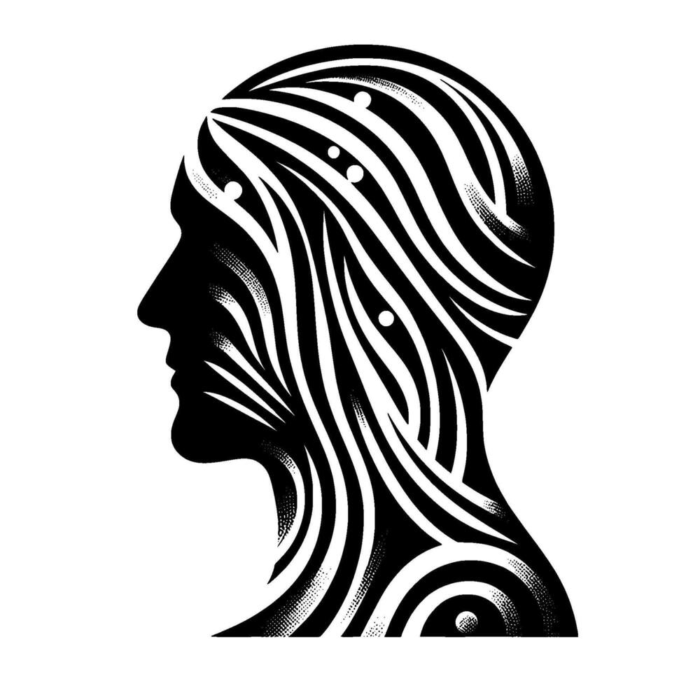 Abstract Silhouette Profile Stripped Head with Dots, Black White vector
