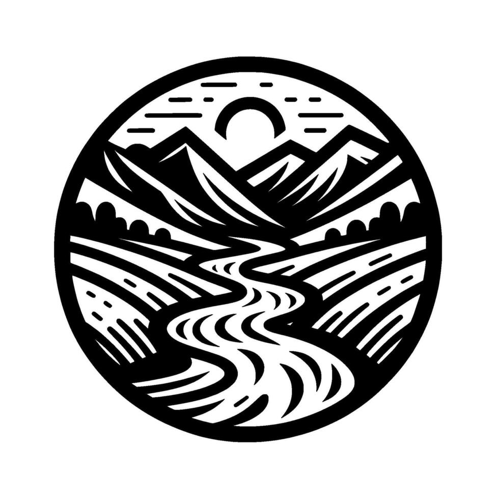 Minimalist Mountain River Landscape Silhouette, vector