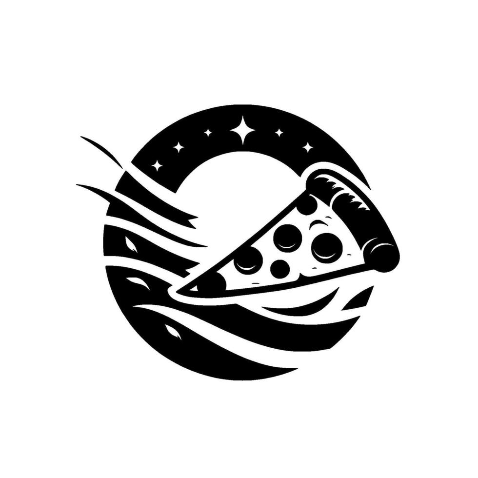 Flying Pizza Slice Black White, Fast Food, Delivery, Illustration vector