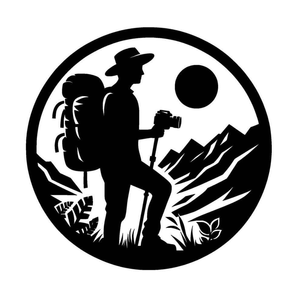 Silhouette Hiker with Camera in Circle , Outdoor Adventure vector