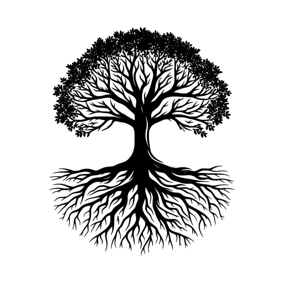 Black Tree of Life Silhouette Roots and Branches on White vector