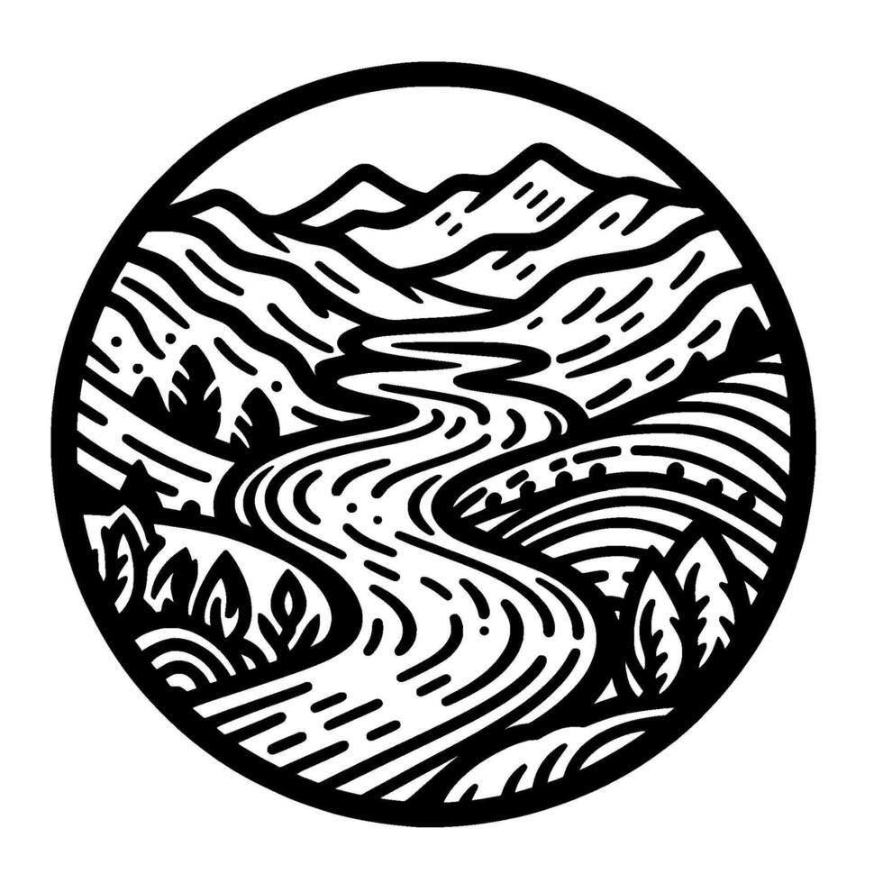 Scenic River Valley in Circular Black and White Illustration vector