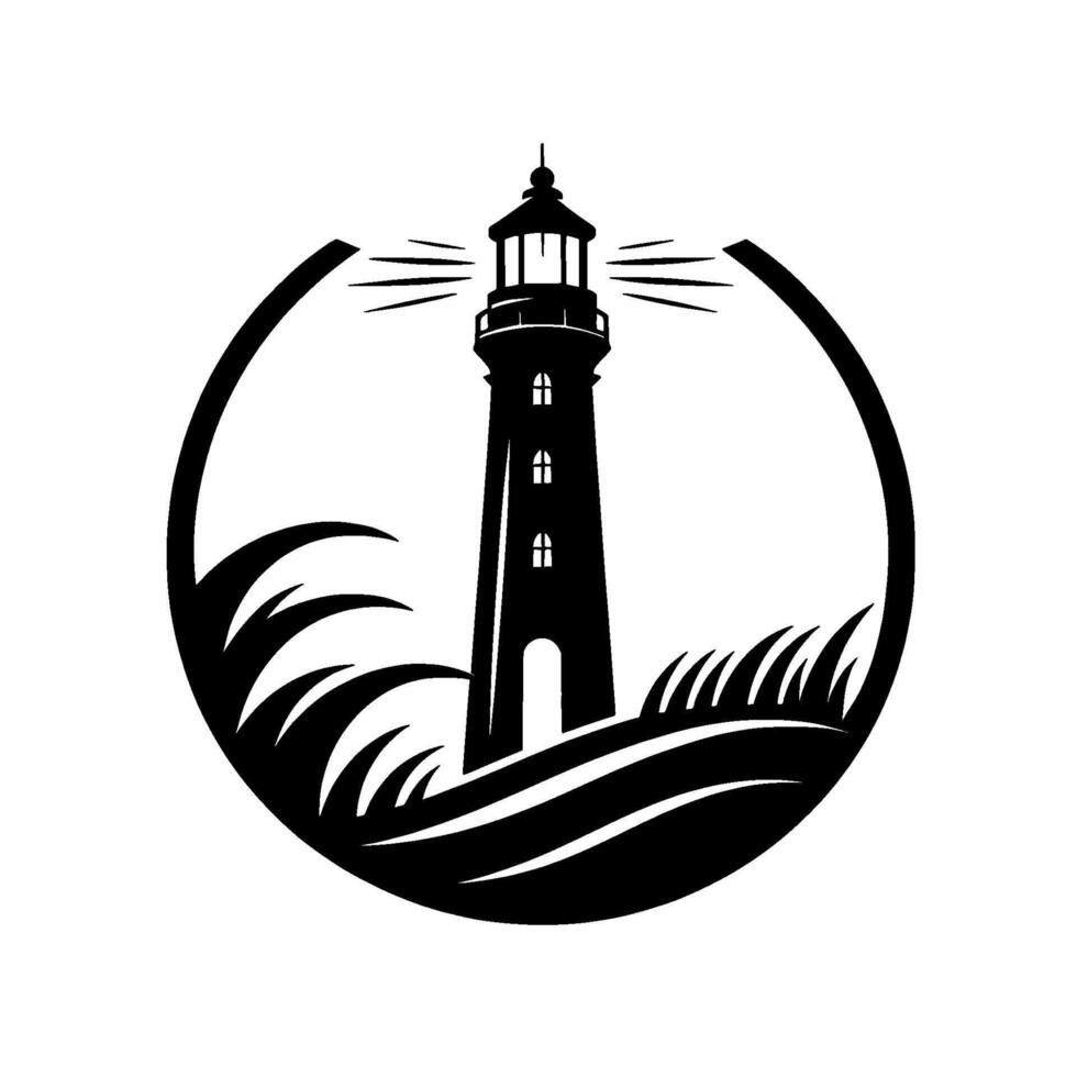 Lighthouse in Circle Frame, Black White, Art vector