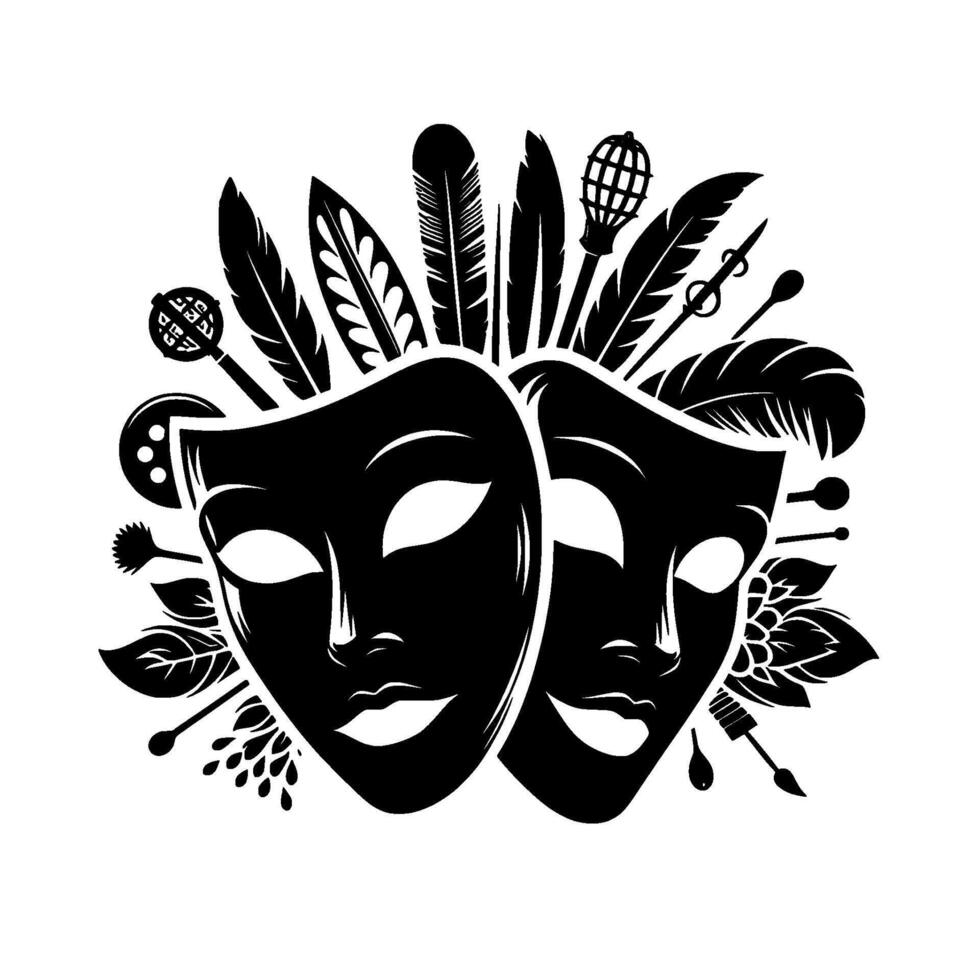 Theater Masks Decorative Elements Black and White vector
