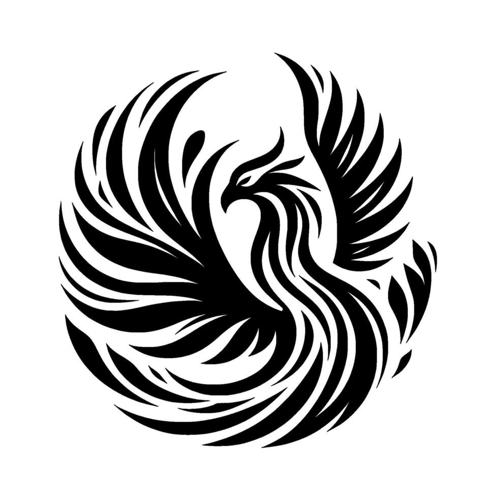 Stylized Black Phoenix in Circle Rebirth, Strength, vector