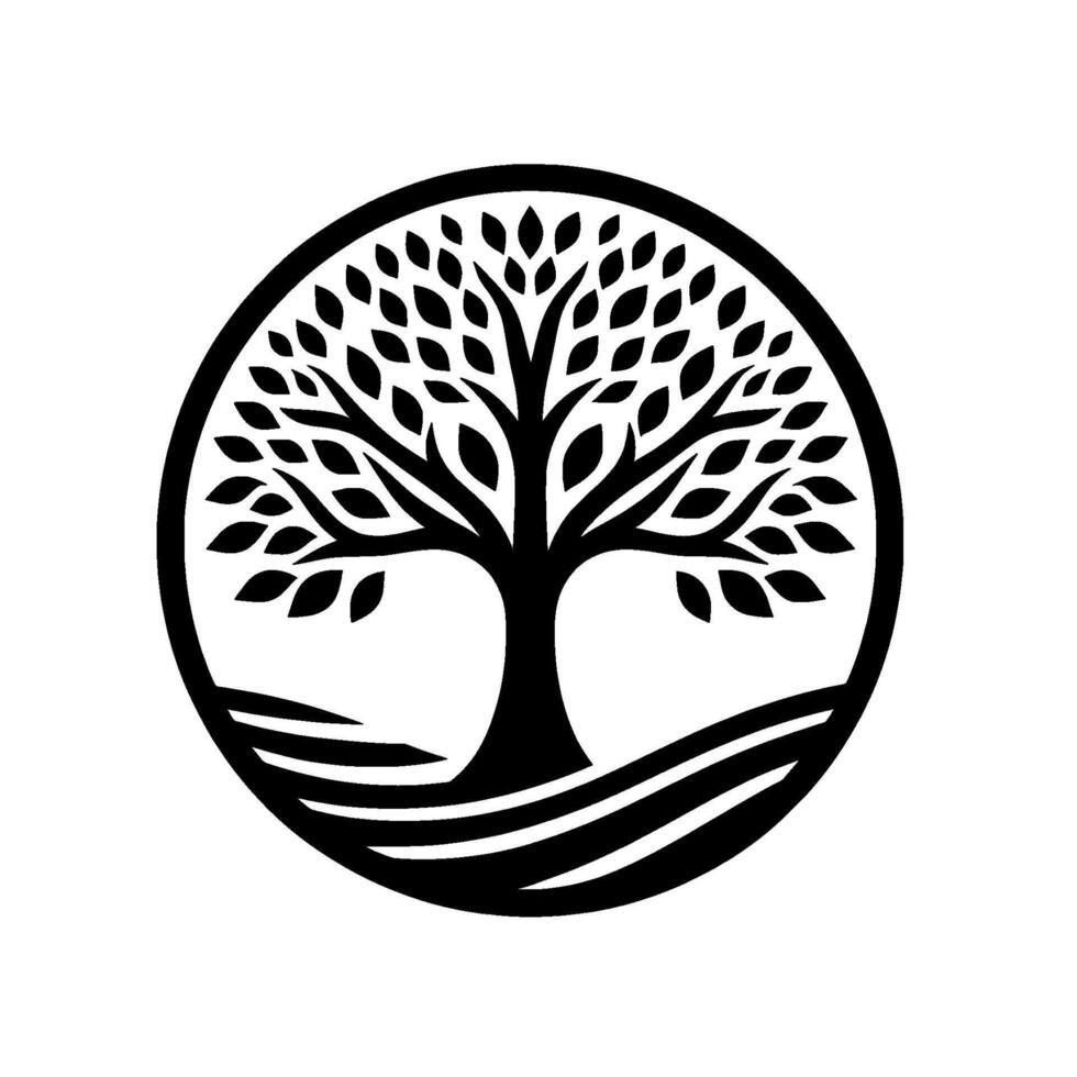 Silhouette Tree of Life in Circle, Black and White vector