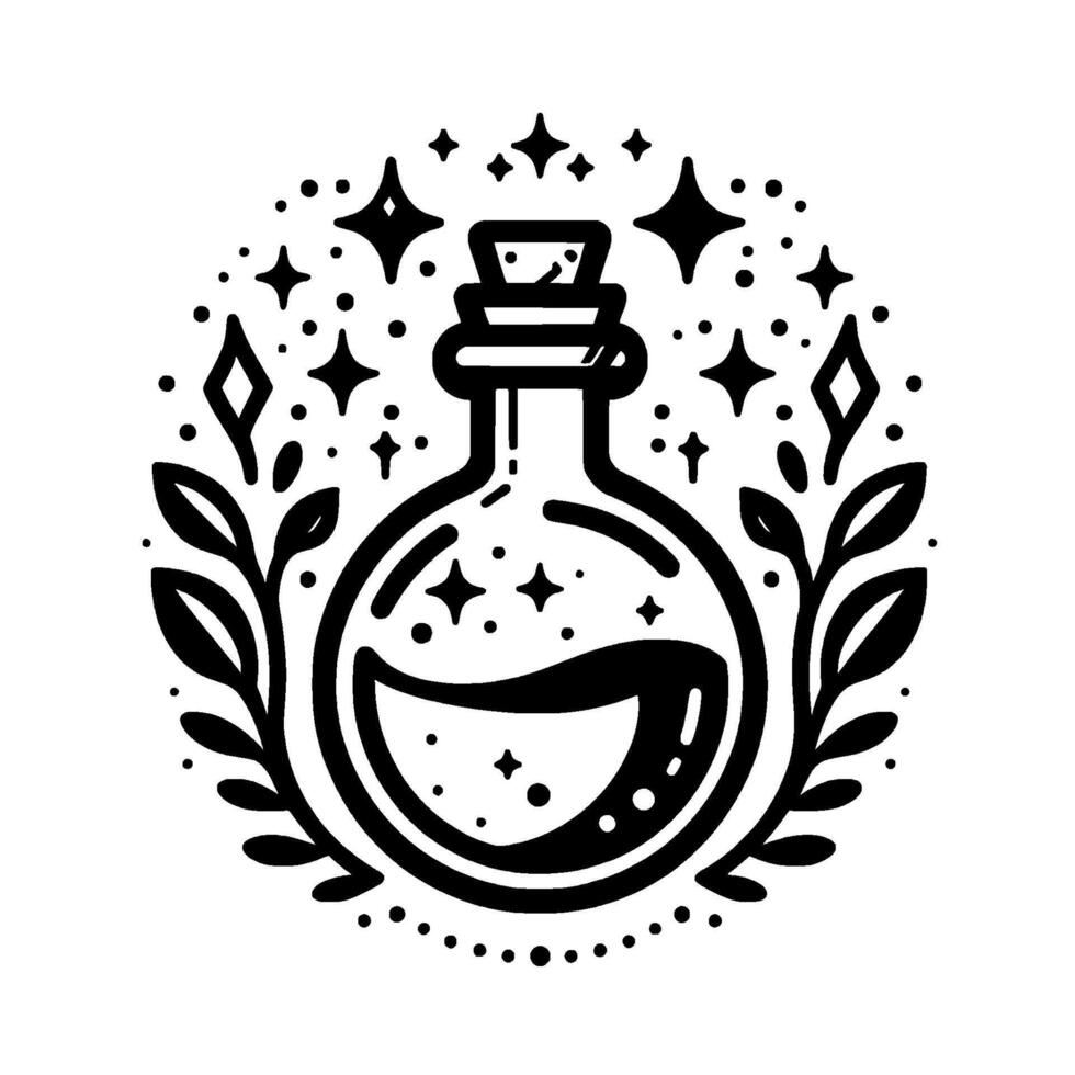 Magical Potion Bottle, Mystical Emblem, Flat Illustration, Whimsical vector