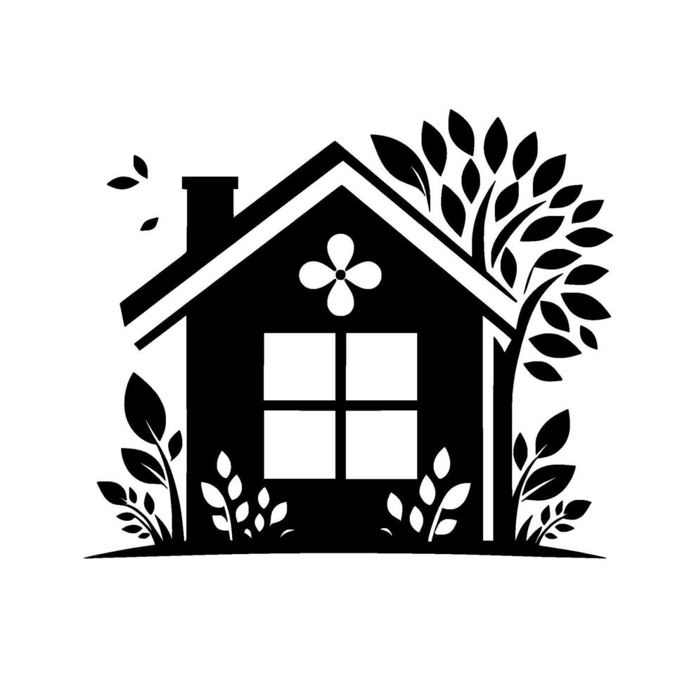 Minimalist EcoFriendly House , Black White Nature Silhouette vector