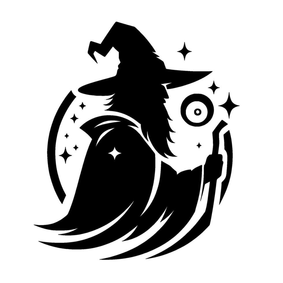 Silhouette Witch with Circle, Stars, and Magic Wand Halloween vector