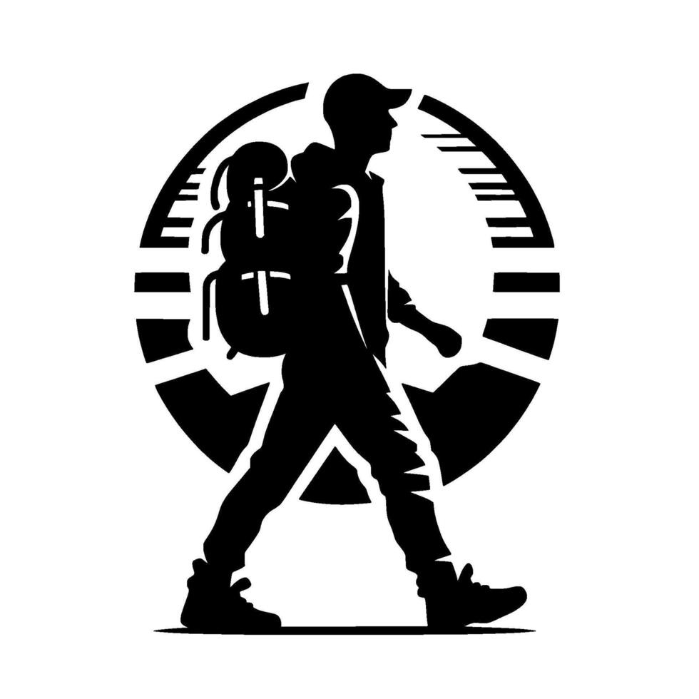 Silhouette Hiker Hiking in Black and White, Adventure Concept vector