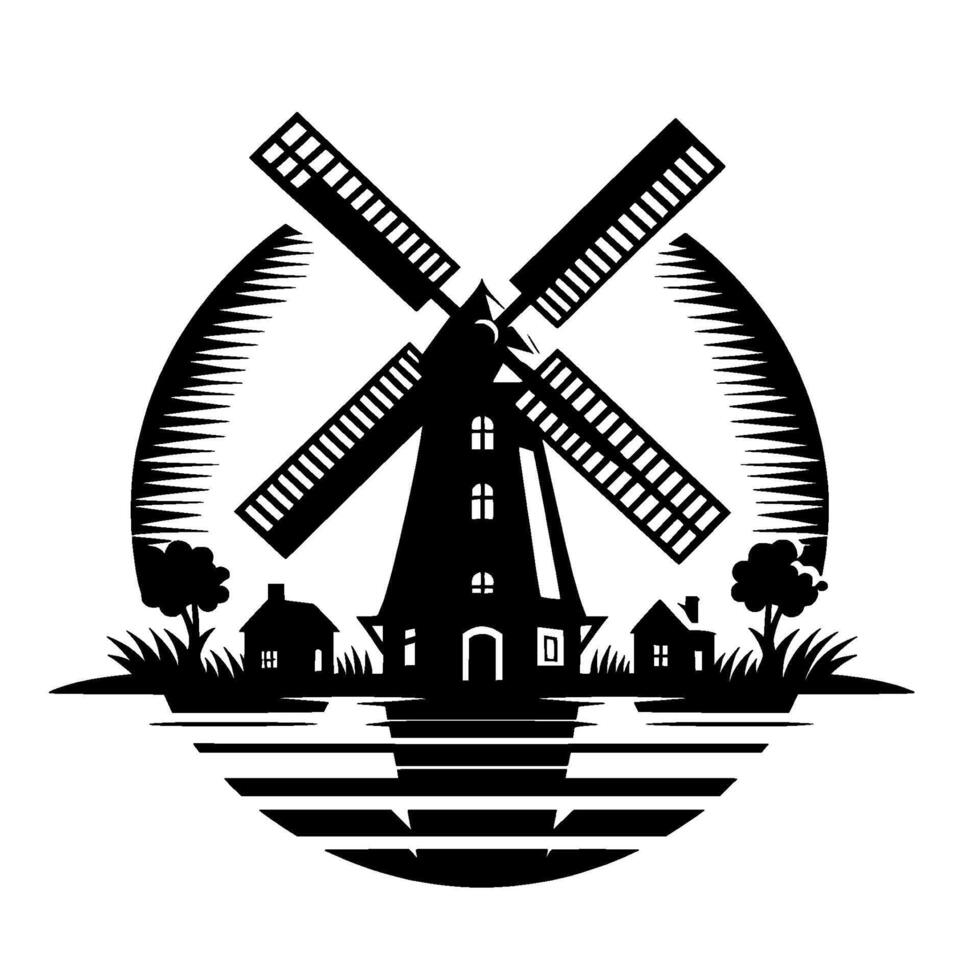 Dutch Windmill Silhouette Black White Farm Scene vector